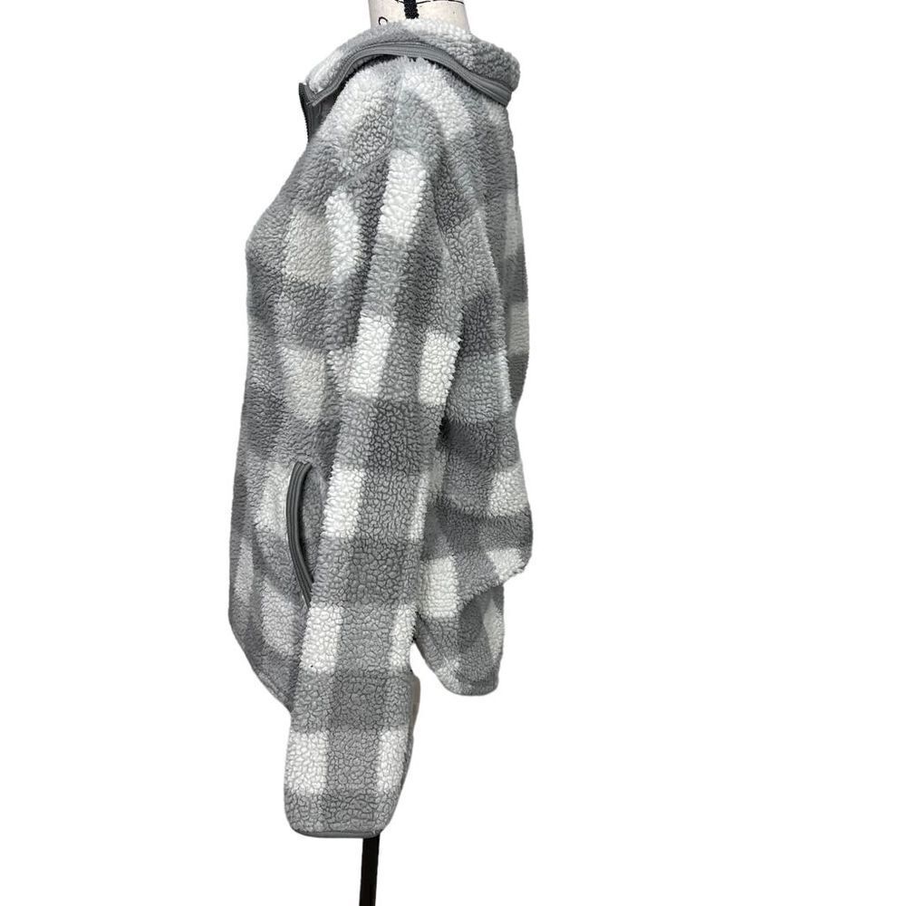 Cozy Sherpa Quarter-Zip Jacket Women's Medium Ivory Grey Gingham Plaid Pullover - Picture 5 of 13